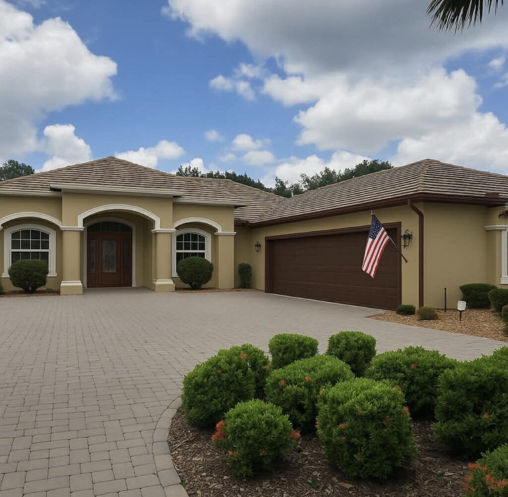 Florida home with a paver driveway and landscaped exterior